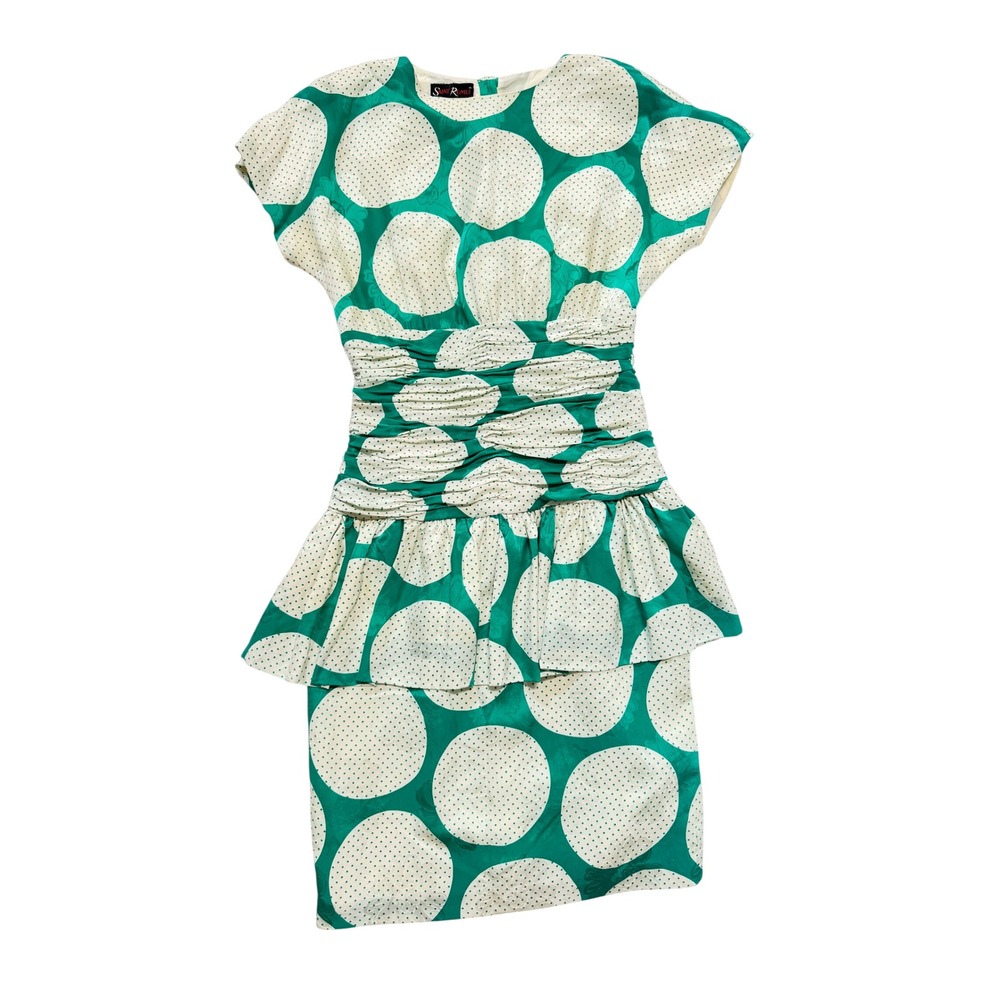Saint Romei Silk Dress Womens 8 Green Excellent Polka Dot Peplum Vintage 80s